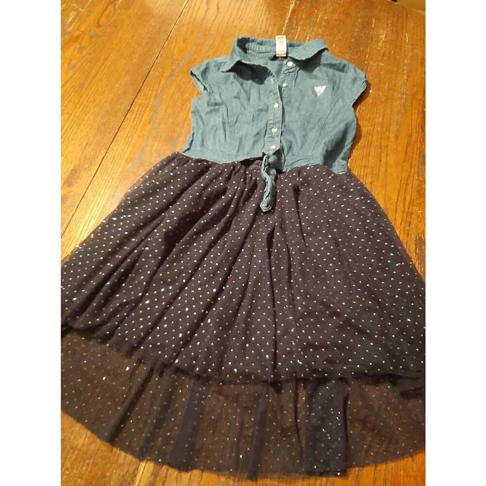Girls Medium Size 10-12 Guess Kids Sleeveless Denim Tulle High Low Skirt Dress